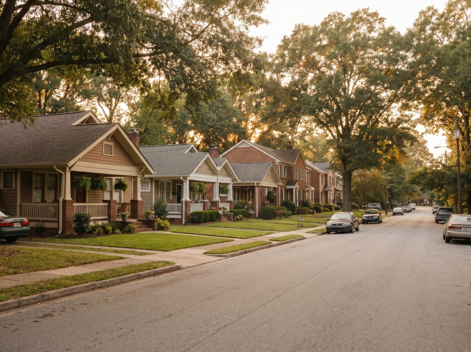 A quiet, tree-lined street of tidy single-family homes with front porches in an Atlanta-area neighborhood at golden hour