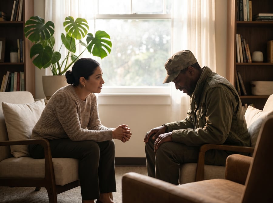 A case manager listening attentively to a veteran during a calm one-on-one conversation in a comfortable room