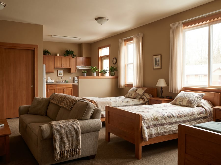 A clean, warm transitional housing room with tidy beds, a couch, and a small kitchenette in soft daylight