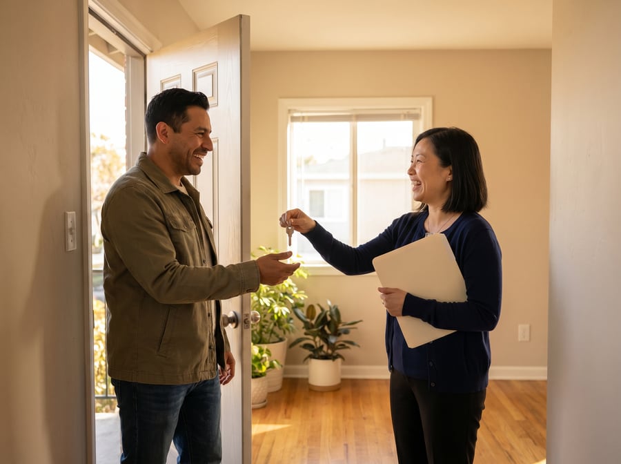 A property manager handing apartment keys to a smiling veteran at the door of a clean, well-kept home