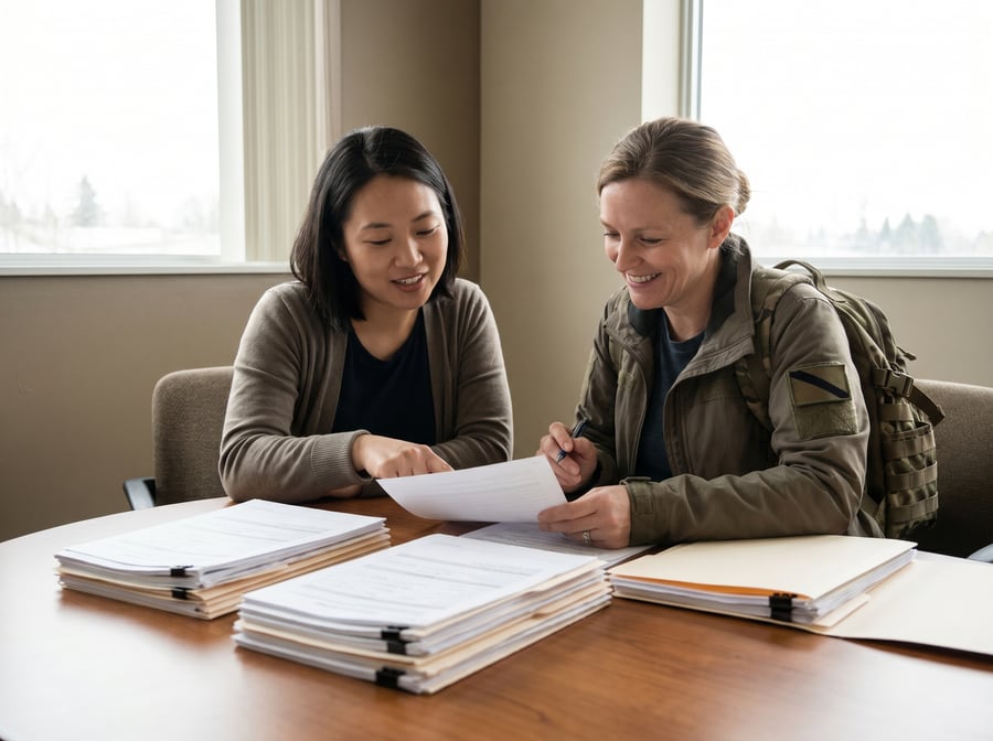 A housing specialist and a veteran reviewing housing paperwork together at a table in natural light