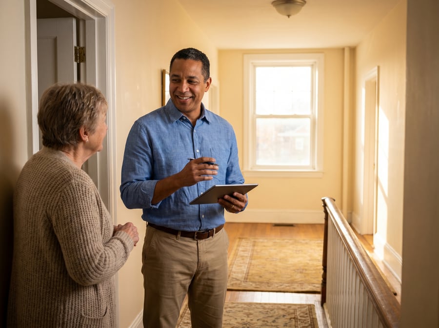 A housing specialist with a tablet talking with a resident during a friendly walkthrough of a well-kept home
