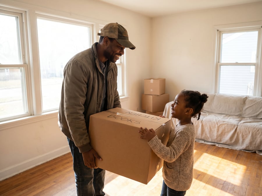 A veteran father and his young daughter carrying a moving box into the bright, sunlit living room of a new home